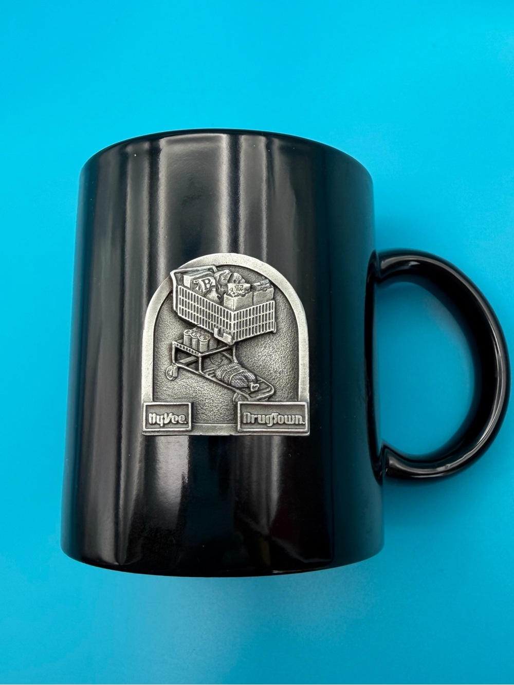 Vintage Collectable Black Ceramic Hy-Vee Mug with Pewter Emblem
